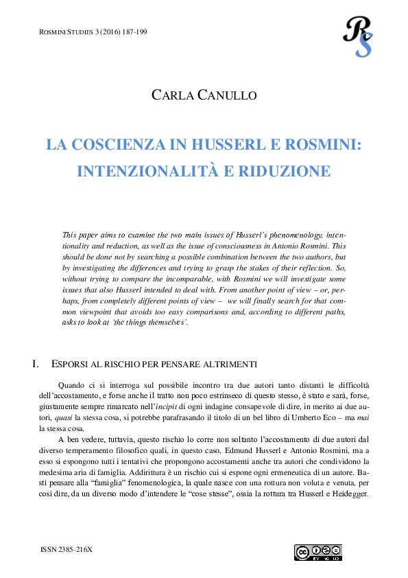 (PDF) LA COSCIENZA IN HUSSERL E ROSMINI INTENZIONALITÀ E RIDUZIONE