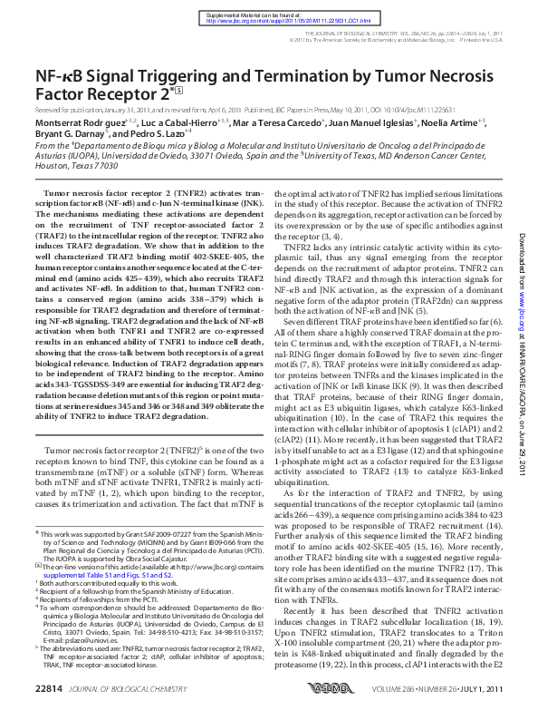 (PDF) NF-κB signal triggering and termination by tumor necrosis factor ...