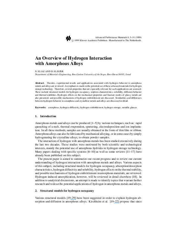 (PDF) An Overview of Hydrogen Interaction with Amorphous Alloys