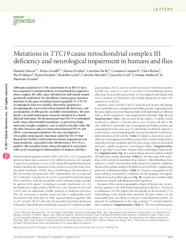 (PDF) Mutations in TTC19 cause mitochondrial complex III deficiency and ...