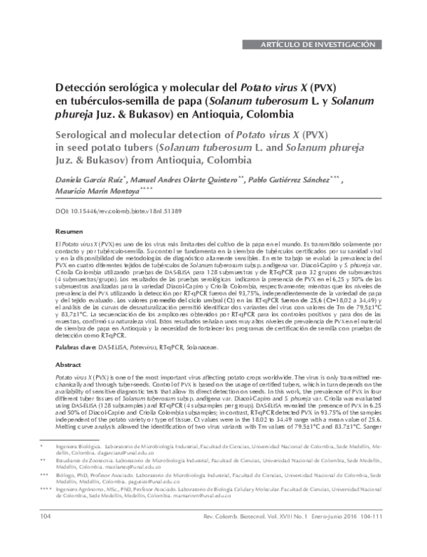 (PDF) Detección serológica y molecular del Potato virus X (PVX) en