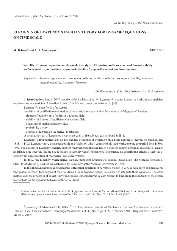 (PDF) Elements of Lyapunov stability theory for dynamic equations on ...
