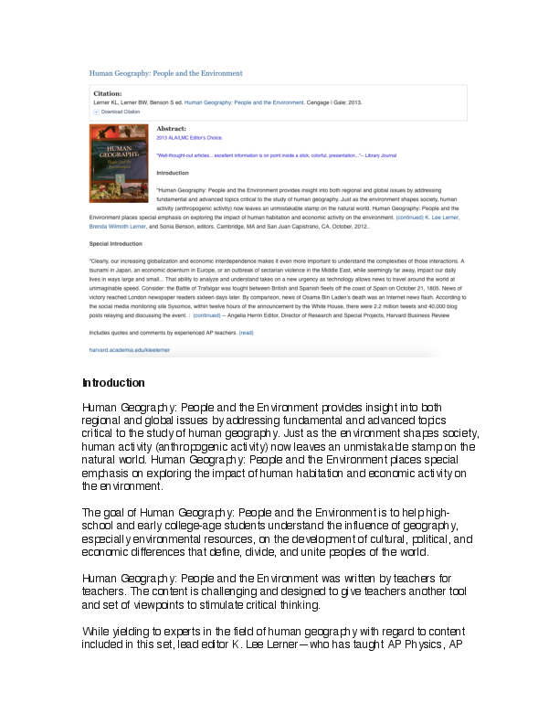 (PDF) Human Geography People and the Environment K. Lee Lerner