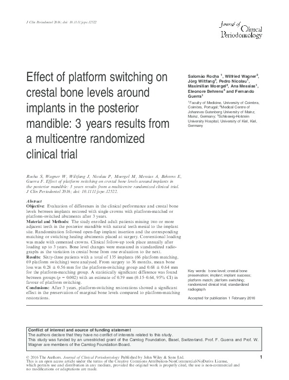 (PDF) Effect of platform switching on crestal bone levels around ...