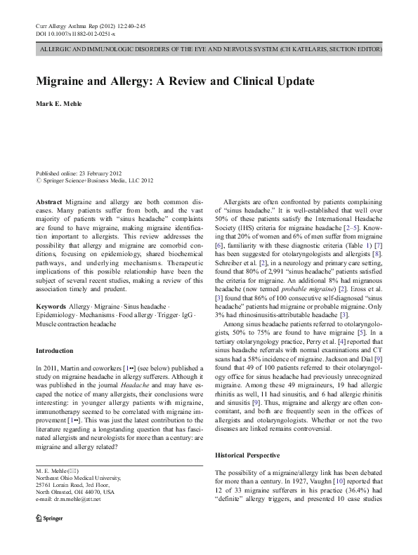 (PDF) Migraine and Allergy: A Review and Clinical Update