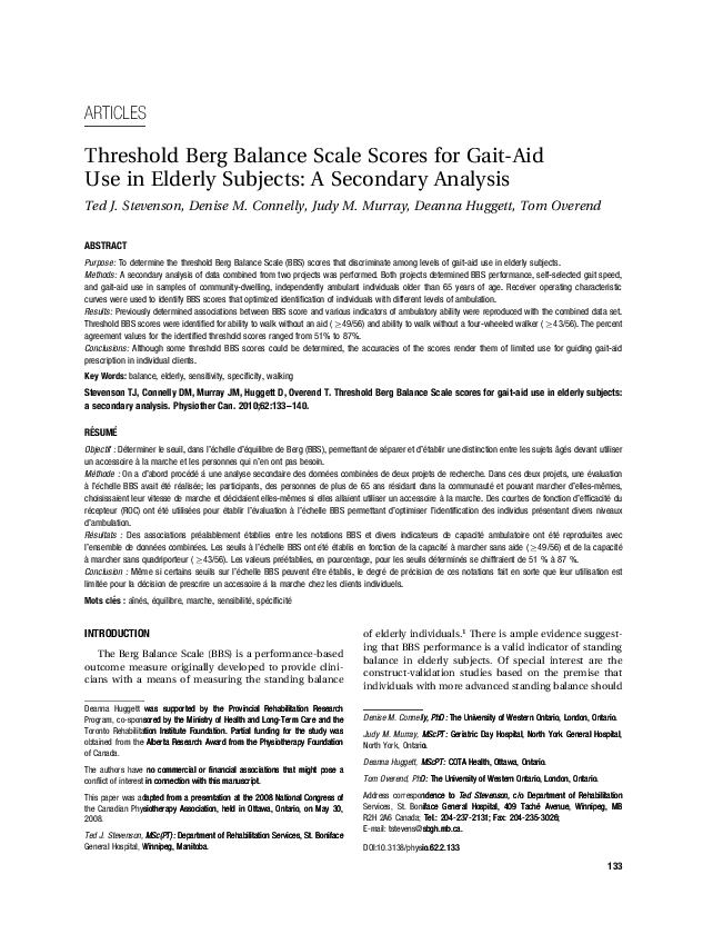 (PDF) Threshold Berg Balance Scale Scores for GaitAid Use in Elderly Subjects A Secondary