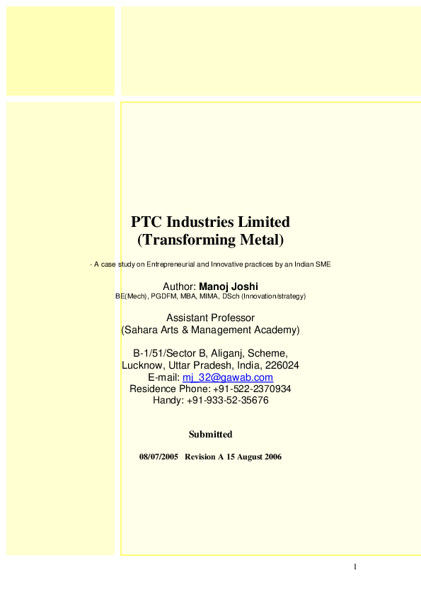 (PDF) PTC Industries Limited (Transforming Metal) - A Case Study on ...