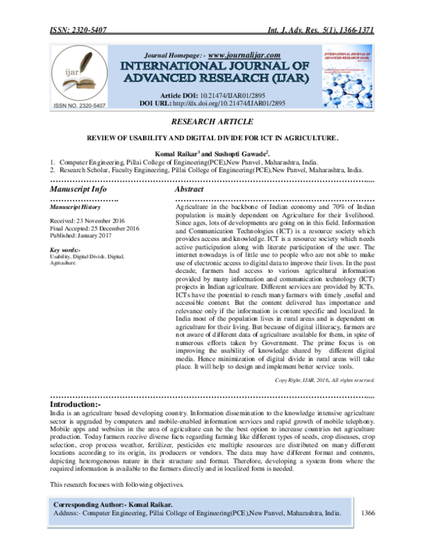 (PDF) REVIEW OF USABILITY AND DIGITAL DIVIDE FOR ICT IN AGRICULTURE