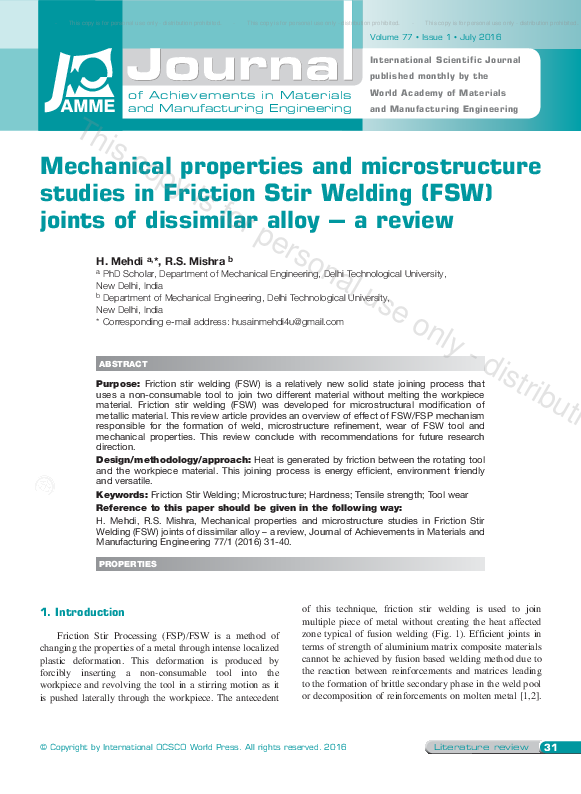 (PDF) Mechanical properties and microstructure studies in Friction Stir ...