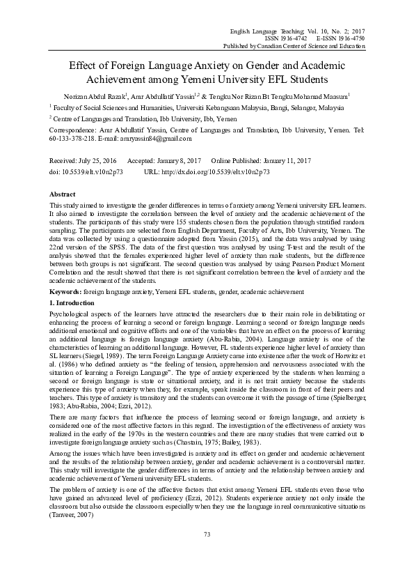 (PDF) Effect of Foreign Language Anxiety on Gender and Academic ...