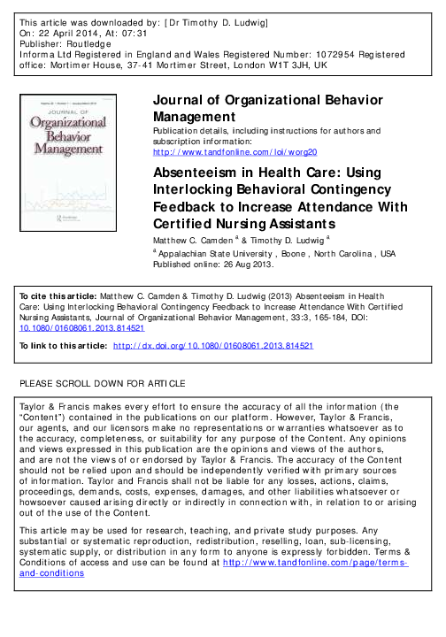 (PDF) Absenteeism in Health Care Using Interlocking Behavioral Contingency Feedback to Increase