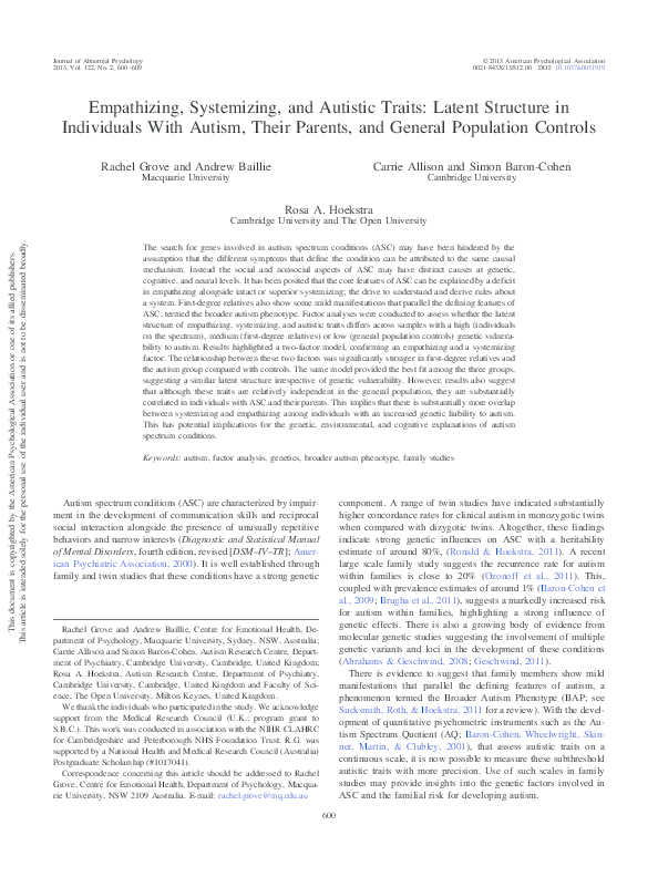 (PDF) Empathizing, Systemizing, and Autistic Traits: Latent Structure ...