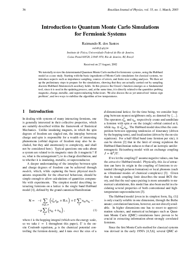 (PDF) Introduction to quantum Monte Carlo simulations for fermionic