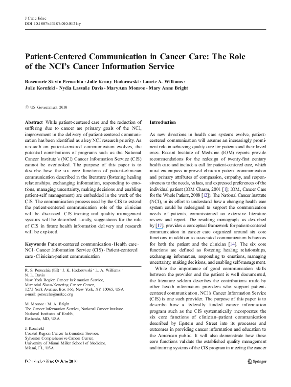 (PDF) Patient-Centered Communication in Cancer Care: The Role of the ...