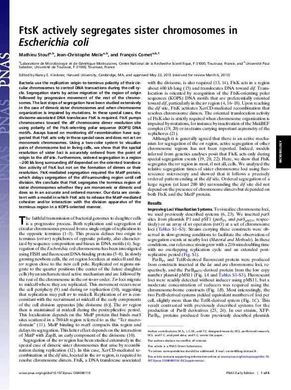 (PDF) FtsK actively segregates sister chromosomes in Escherichia coli