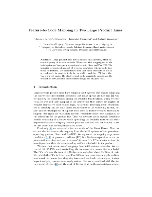 (PDF) Feature-to-Code Mapping in Two Large Product Lines