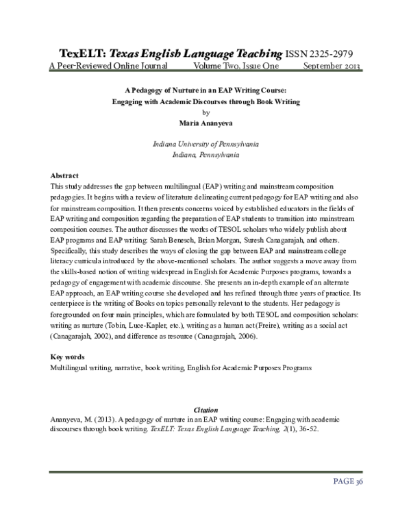(PDF) A Pedagogy of Nurture in an EAP Writing Course: Engaging with ...
