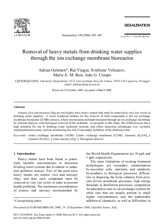 Picture of (PDF) Removal of heavy metals from drinking water supplies through the ...