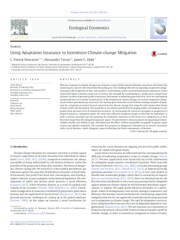 (PDF) Using Adaptation Insurance to Incentivize Climate-change Mitigation