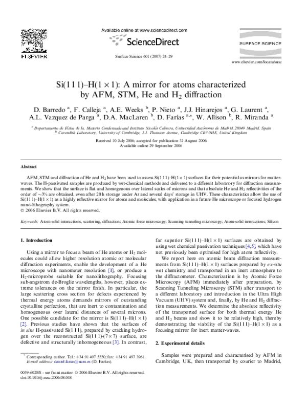 (PDF) Si(111)–H(1×1): A mirror for atoms characterized by AFM, STM, He ...