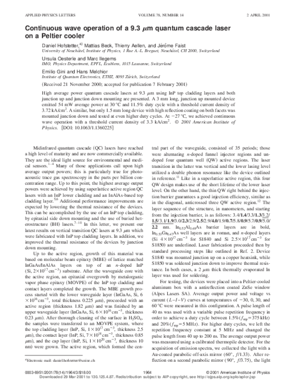 (PDF) Continuous wave operation of a 9.3 μm quantum cascade laser on a ...