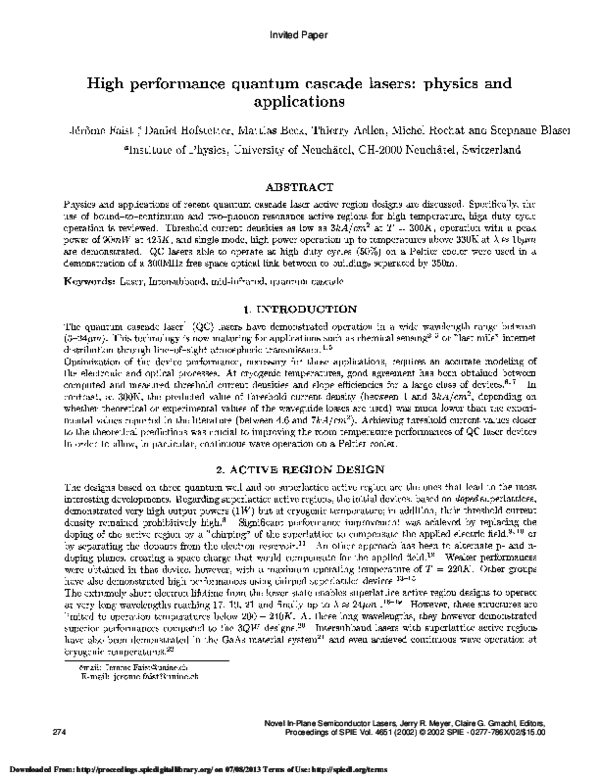 (PDF) High-performance quantum cascade lasers: physics and applications