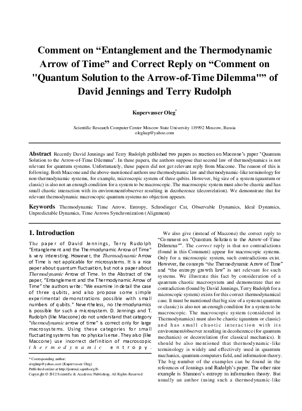 (PDF) Comment on “Entanglement and the Thermodynamic Arrow of Time” and ...