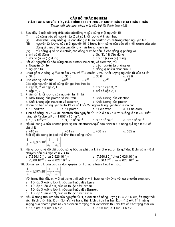 First page of “CÂU HỎI TRẮC NGHIỆM CẤU TẠO NGUYÊN TỬ -CẤU HÌNH ELECTRON -BẢNG PHÂN LOẠI TUẦN HOÀN”