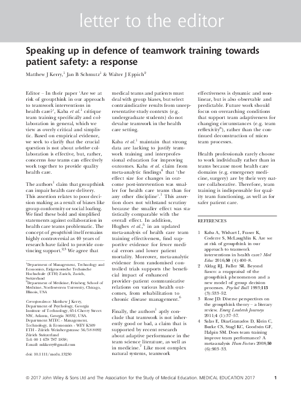 (PDF) Speaking up in defence of teamwork training towards patient ...