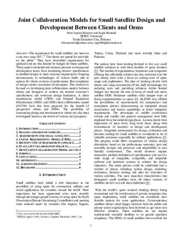 (PDF) Joint collaboration models for small satellite design and ...