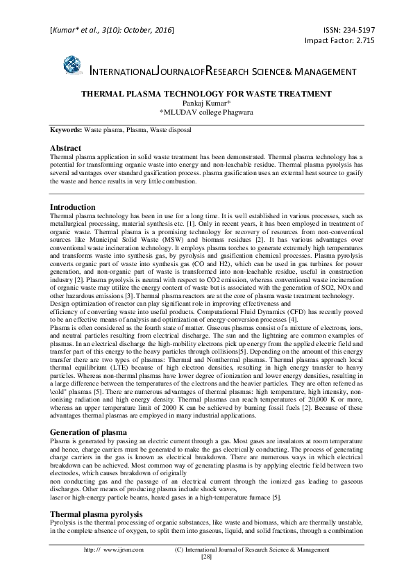 (PDF) THERMAL PLASMA TECHNOLOGY FOR WASTE TREATMENT
