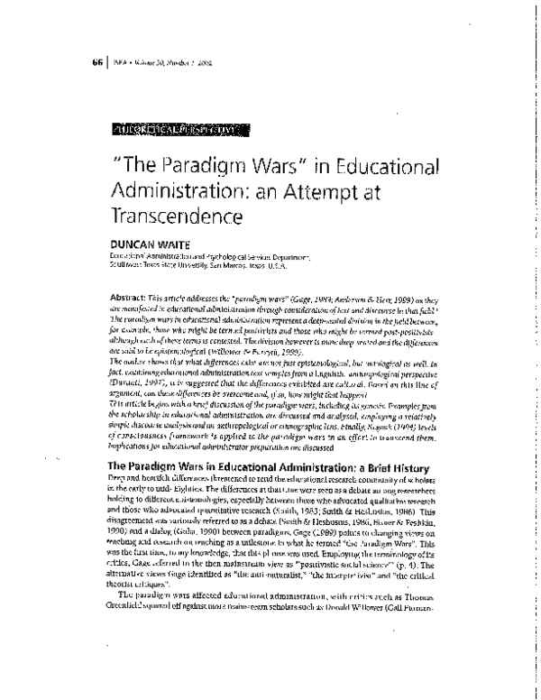 (PDF) The Paradigm Wars in Educational Administration An Attempt at