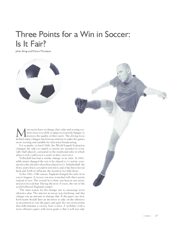 (PDF) Three points for a win in soccer Is it fair? Johan Bring and