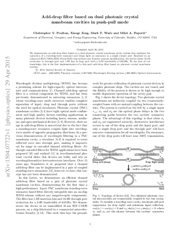 (PDF) Add-drop filter based on dual photonic crystal nanobeam cavities ...