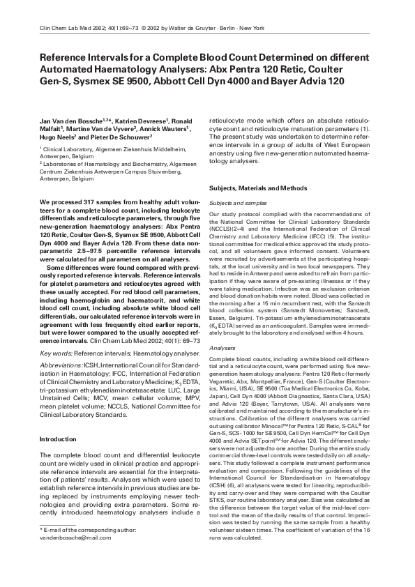 (PDF) Reference Intervals for a Complete Blood Count Determined on ...