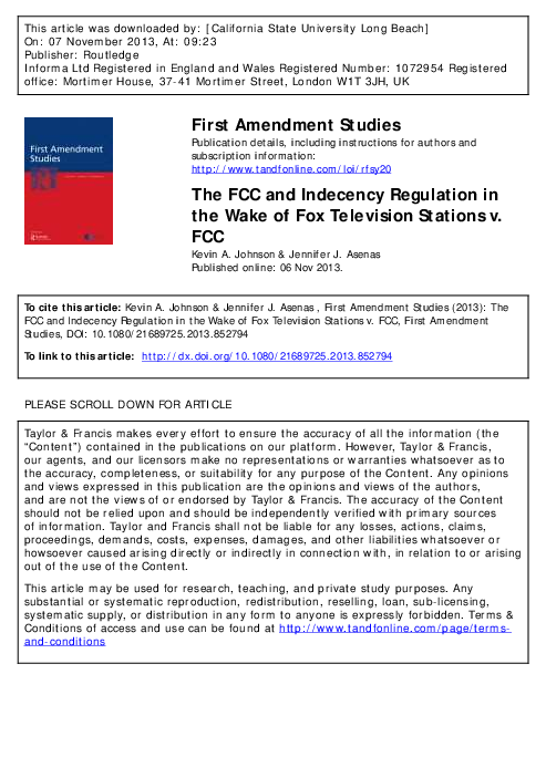 (PDF) The FCC and Indecency Regulation in the Wake of Fox Television ...