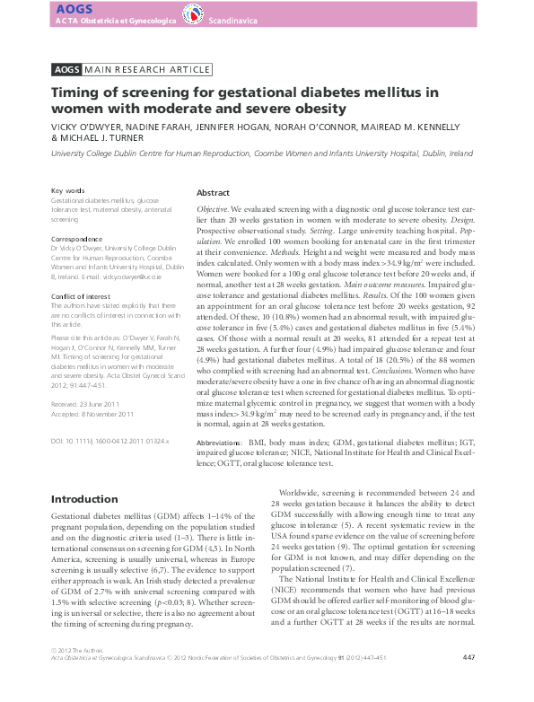(PDF) Timing of screening for gestational diabetes mellitus in women ...