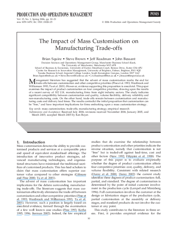 (PDF) The Impact of Mass Customisation on Manufacturing Trade-offs