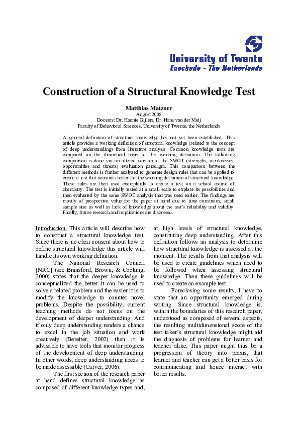 (PDF) Construction of a Structural Knowledge Test