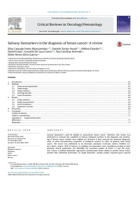 (PDF) Salivary biomarkers in the diagnosis of breast cancer: A review