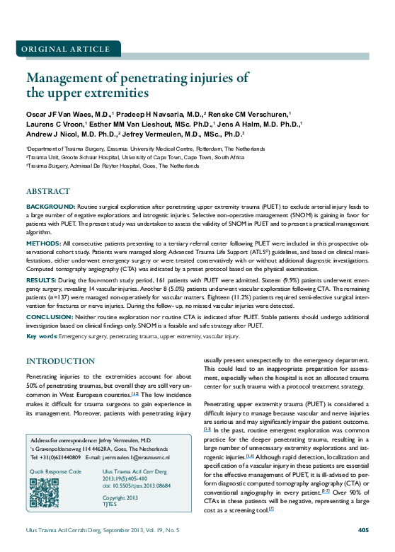 (PDF) Management of penetrating injuries of the upper extremities