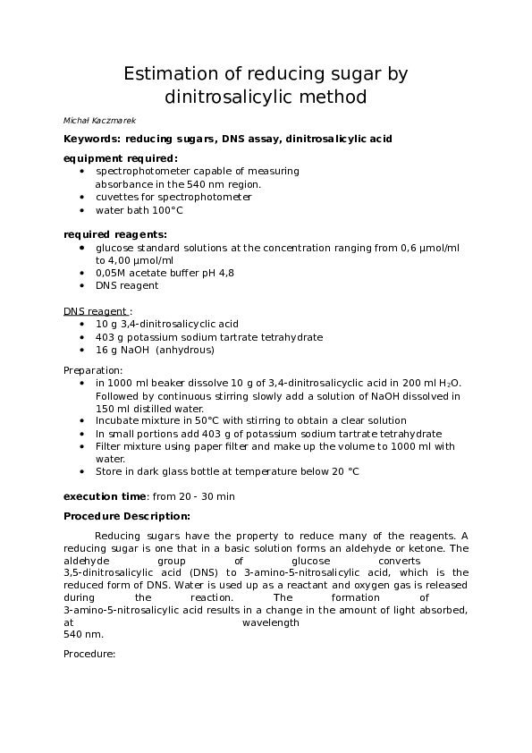 (DOC) Estimation of reducing sugar by dinitrosalicylic method