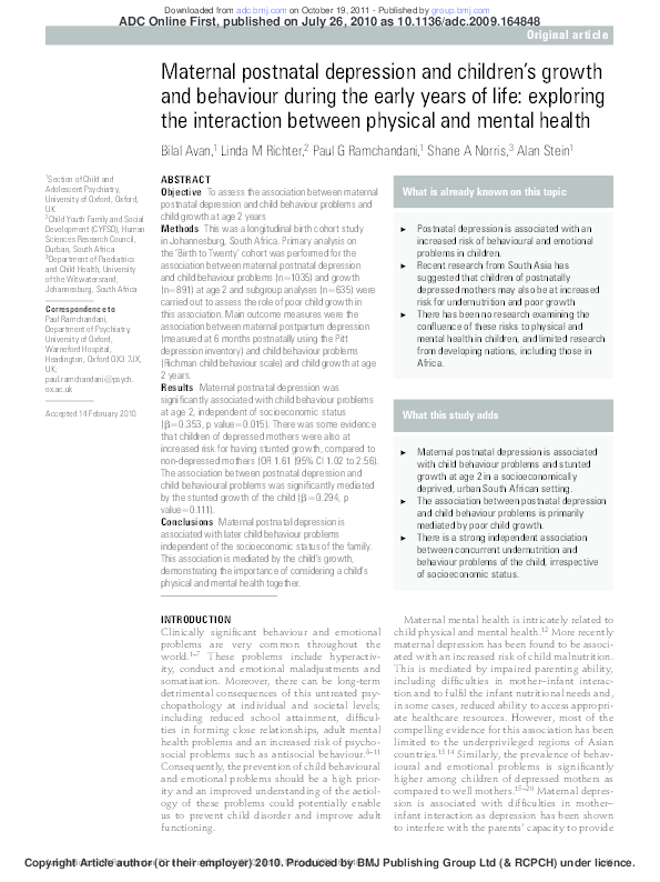 (PDF) Maternal postnatal depression and children's growth and behaviour ...