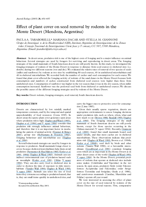 (PDF) Effect of plant cover on seed removal by rodents in the Monte