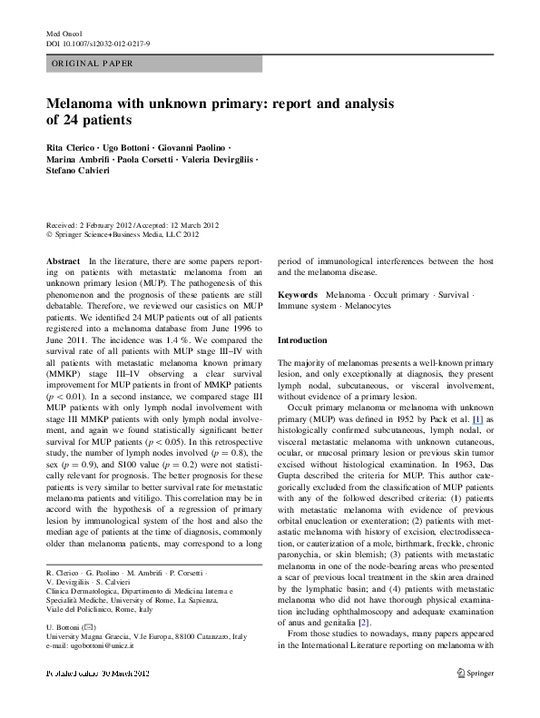 (PDF) Melanoma with unknown primary: report and analysis of 24 patients