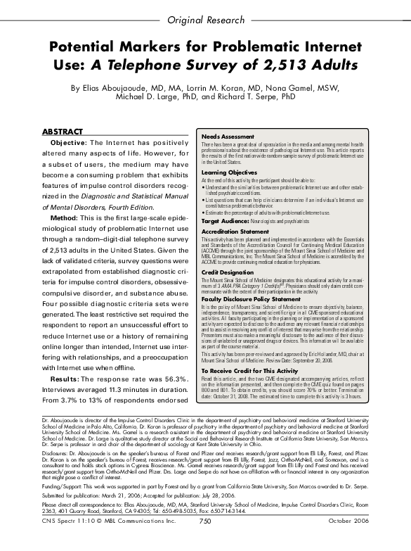 (PDF) Potential markers for problematic internet use: a telephone ...