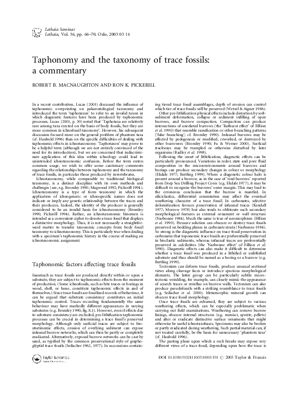 (PDF) Taphonomy and the taxonomy of trace fossils a commentary Ron Pickerill Academia.edu