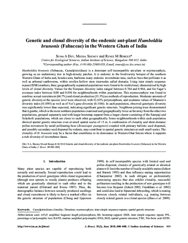 (PDF) Genetic and clonal diversity of the endemic ant-plant Humboldtia ...