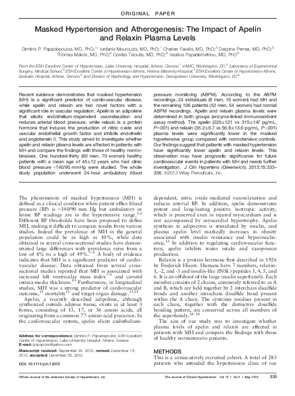 (PDF) Masked Hypertension and Atherogenesis: The Impact of Apelin and ...