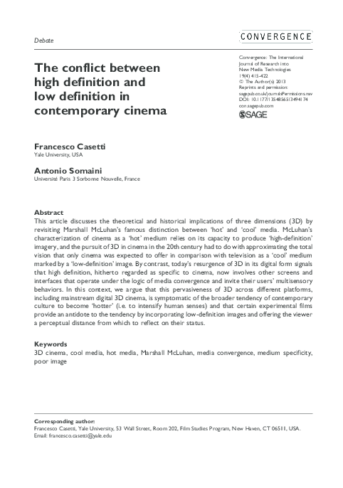 Pdf Francesco Casetti Antonio Somaini The Conflict Between High Definition And Low Definition In Contemporary Cinema In Convergence The International Journal Of Research Into New Media Technologies 19 4